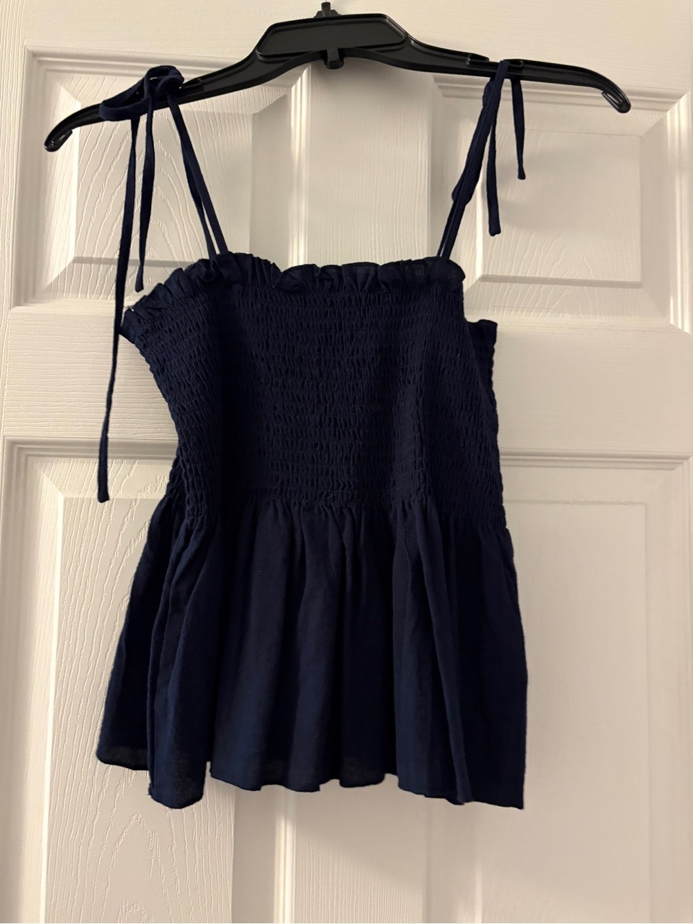 Women's Navy Smocked Tie-Shoulder Tank Top